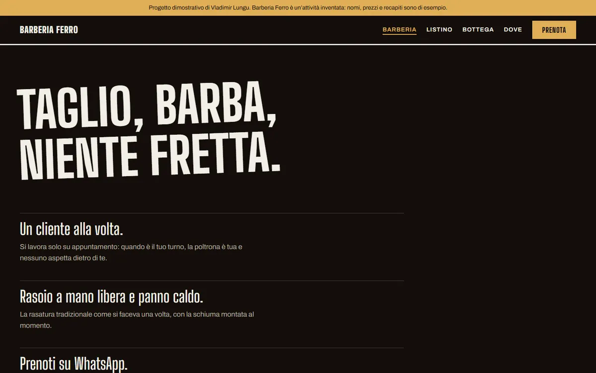 La home page di Barberia Ferro vista dal computer