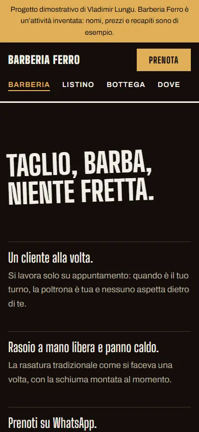 La home page di Barberia Ferro vista dal telefono